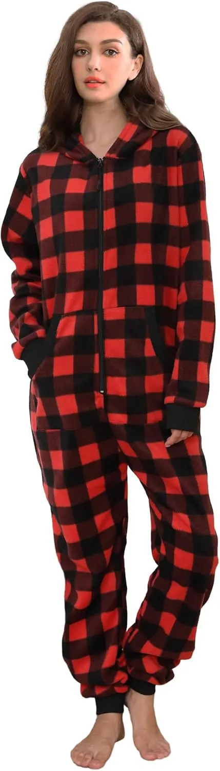 Dodheah Unisex Adult Onesie Women Men Pajamas Zipper Jumpsuit Hooded One Piece Sleepwear Family Christmas Costume