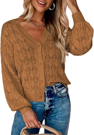 Dokotoo Cropped Cardigan Sweaters for Women Long Sleeve Crochet Knit Shrug Open Front V-Neck Button up Tops