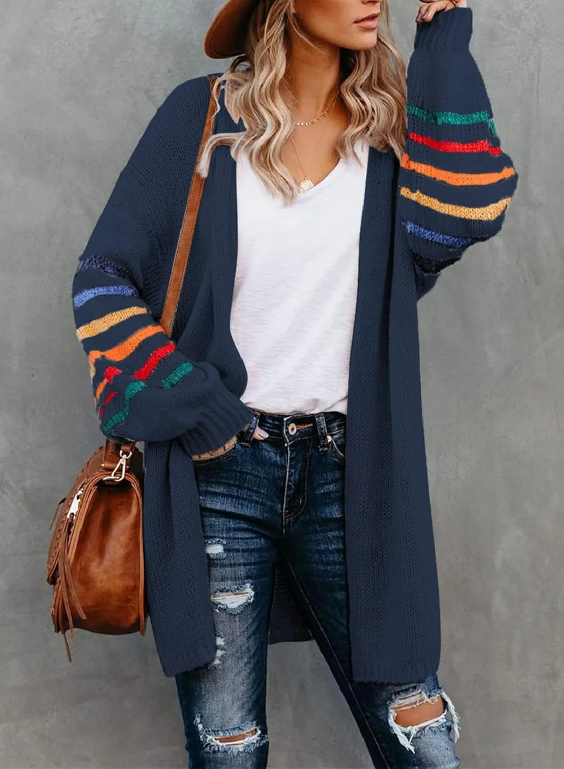 Dokotoo Women's Long Open Front Cardigans Striped Color Block Loose Knit Sweaters Outwear Coat