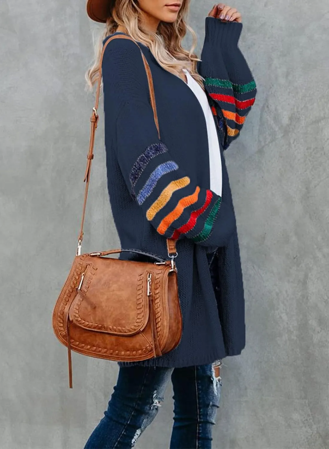 Dokotoo Women's Long Open Front Cardigans Striped Color Block Loose Knit Sweaters Outwear Coat