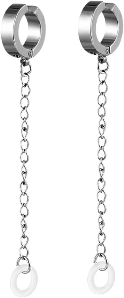 Earrings Cuffs for Men and Women,Women Earring Stainless Steel Silver High Polished Circle with Chain Ear Cuffs Style 1