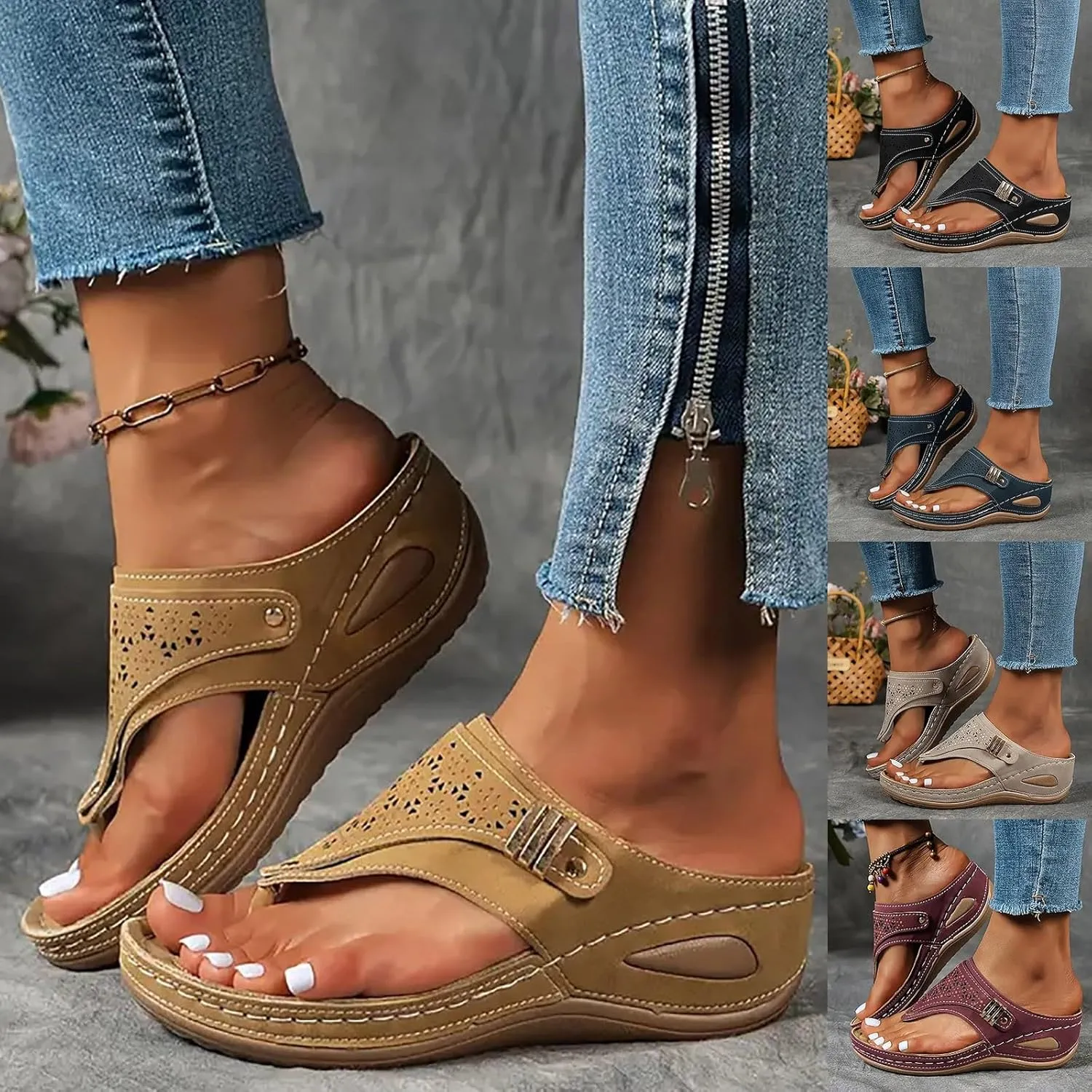 Eduavar Sandals for Women 2025 Comfortable Flip Flops Arch Support Beach Low Wedge Thong Lightweight Summer Non-Slip Slippers