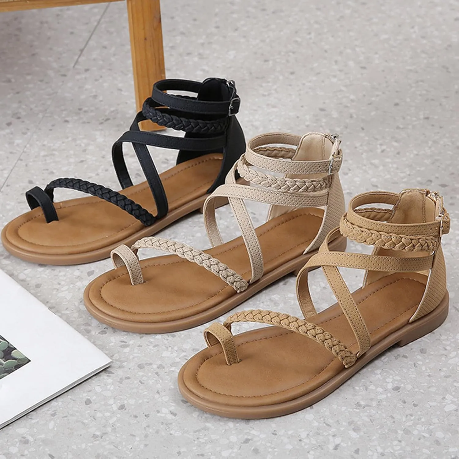 Eduavar Sandals for Women 2025 Gladiator Strappy Dressy Adjustable Ankle Strap Beach Walking Summer Shoes Open Toe Sandals