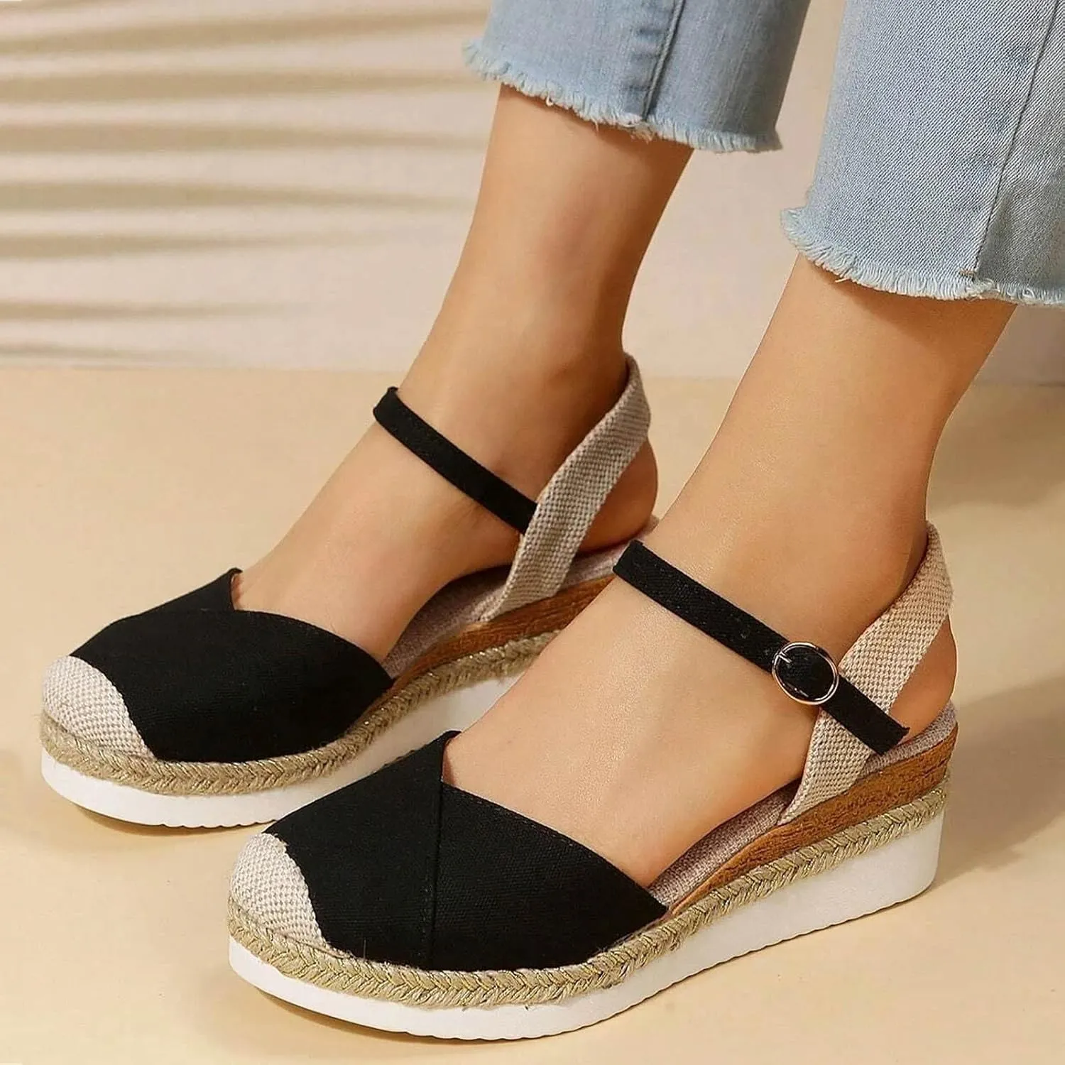 Eduavar Sandals for Women 2025 Platform Espadrilles Slip on Ankle Strap Wedge Comfortable Closed Toe Dressy Summer Shoes