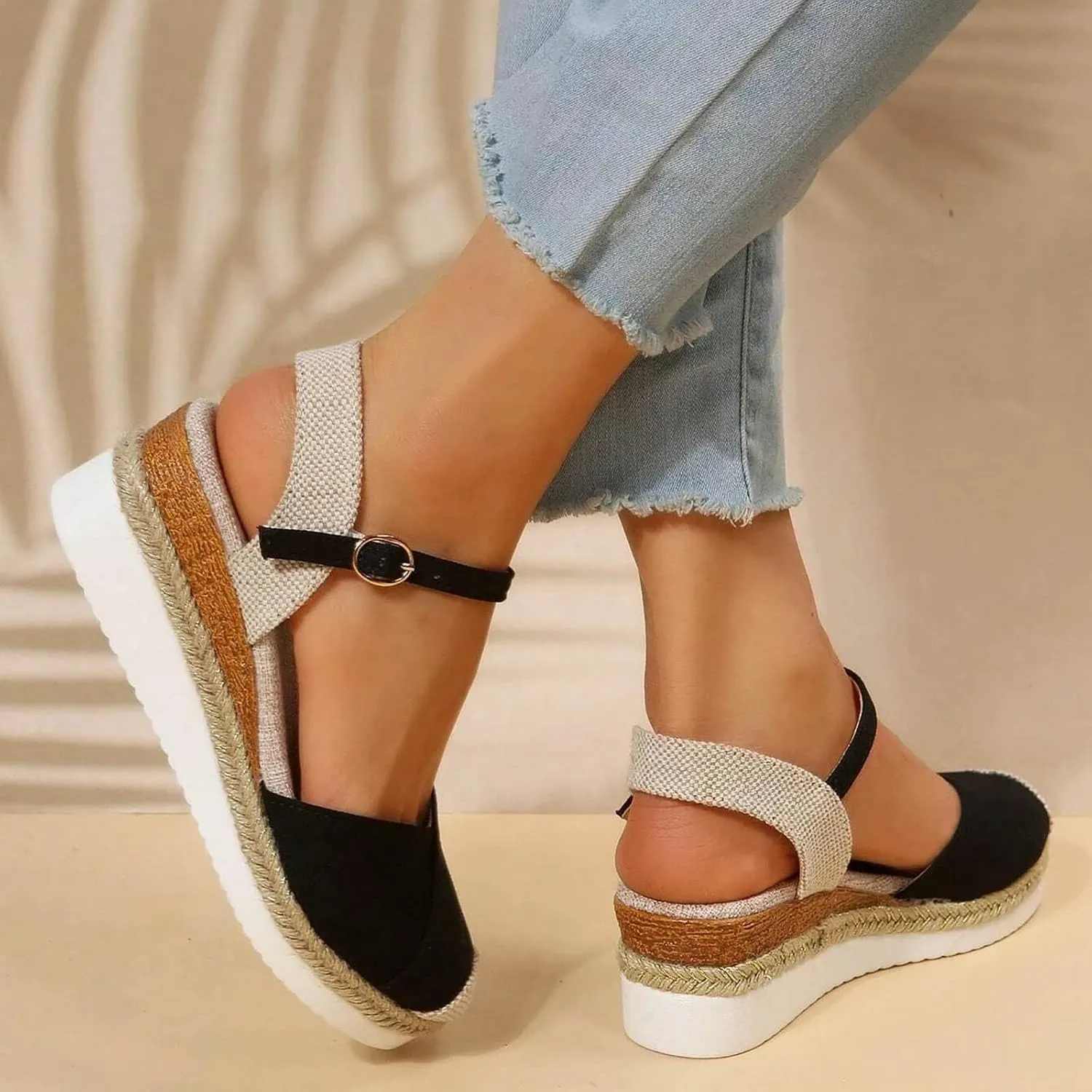 Eduavar Sandals for Women 2025 Platform Espadrilles Slip on Ankle Strap Wedge Comfortable Closed Toe Dressy Summer Shoes