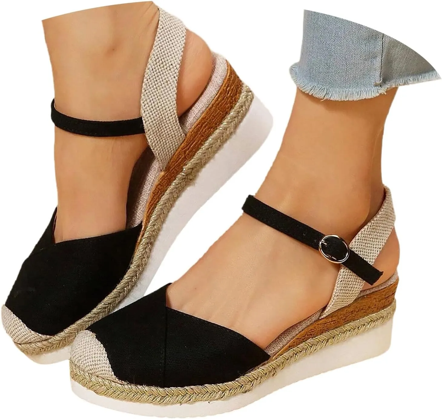 Eduavar Sandals for Women 2025 Platform Espadrilles Slip on Ankle Strap Wedge Comfortable Closed Toe Dressy Summer Shoes