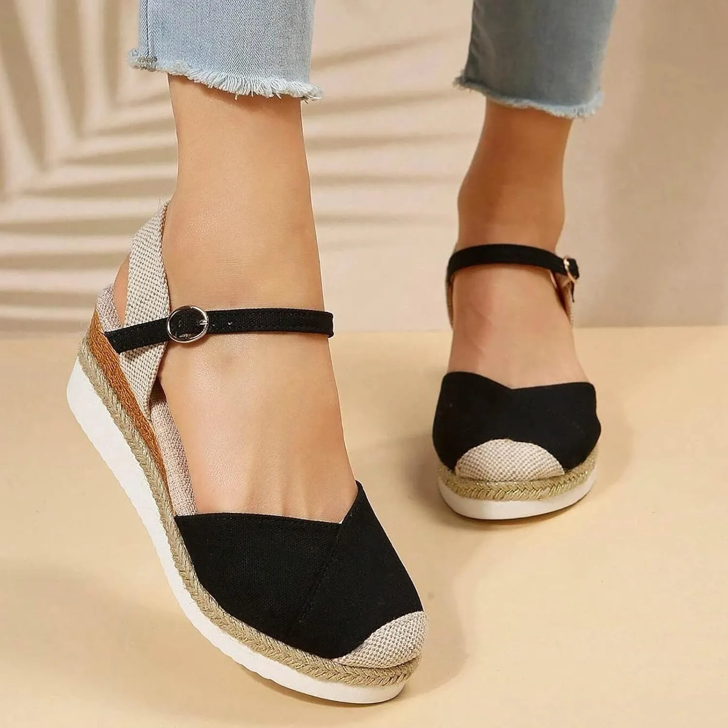 Eduavar Sandals for Women 2025 Platform Espadrilles Slip on Ankle Strap Wedge Comfortable Closed Toe Dressy Summer Shoes