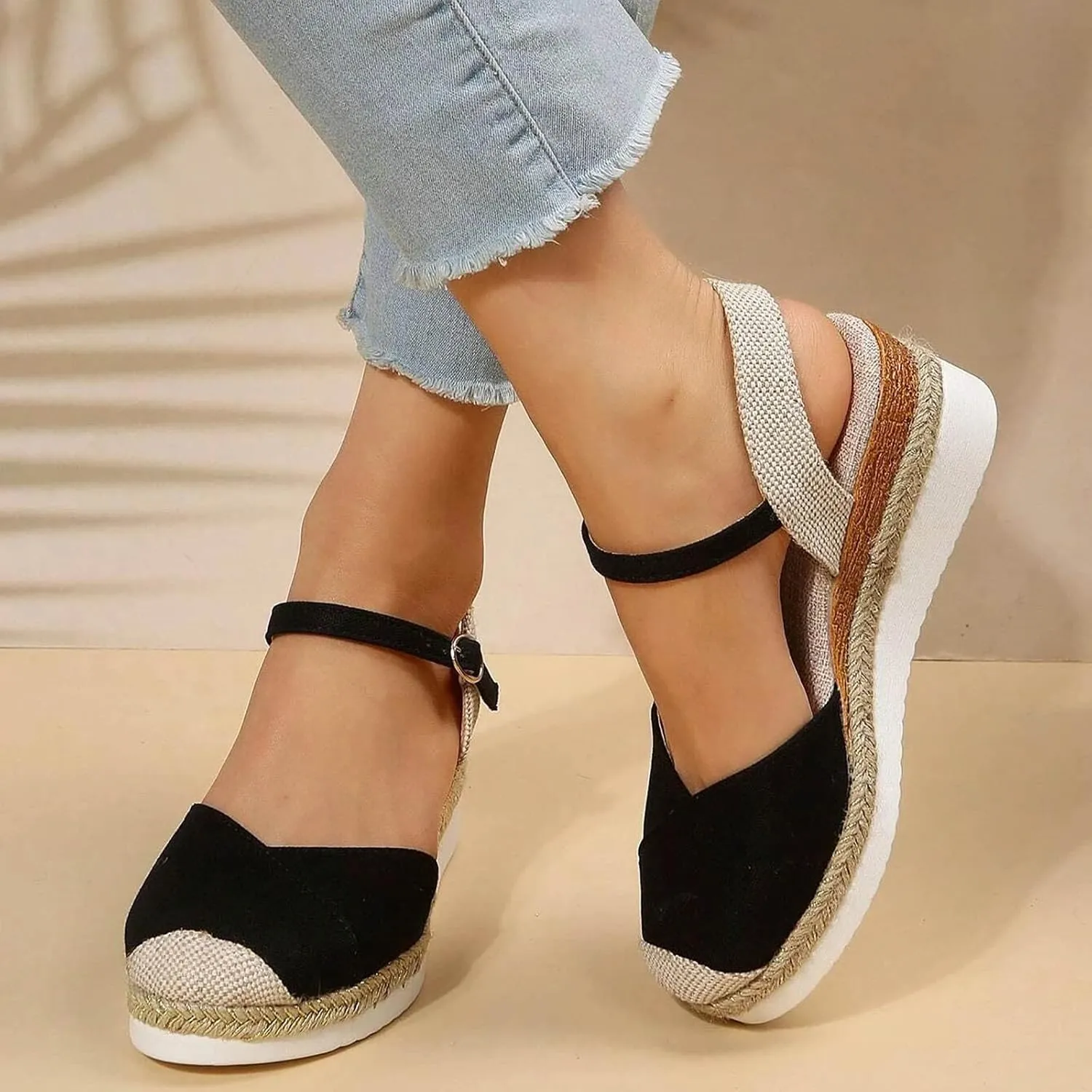 Eduavar Sandals for Women 2025 Platform Espadrilles Slip on Ankle Strap Wedge Comfortable Closed Toe Dressy Summer Shoes