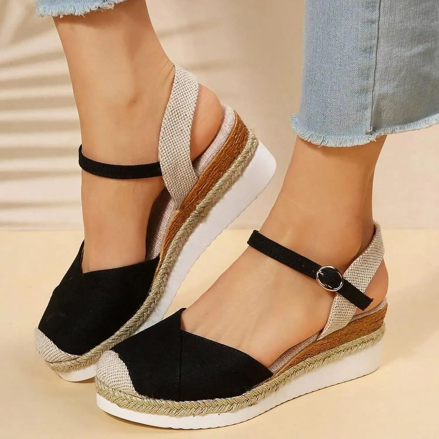 Eduavar Sandals for Women 2025 Platform Espadrilles Slip on Ankle Strap Wedge Comfortable Closed Toe Dressy Summer Shoes