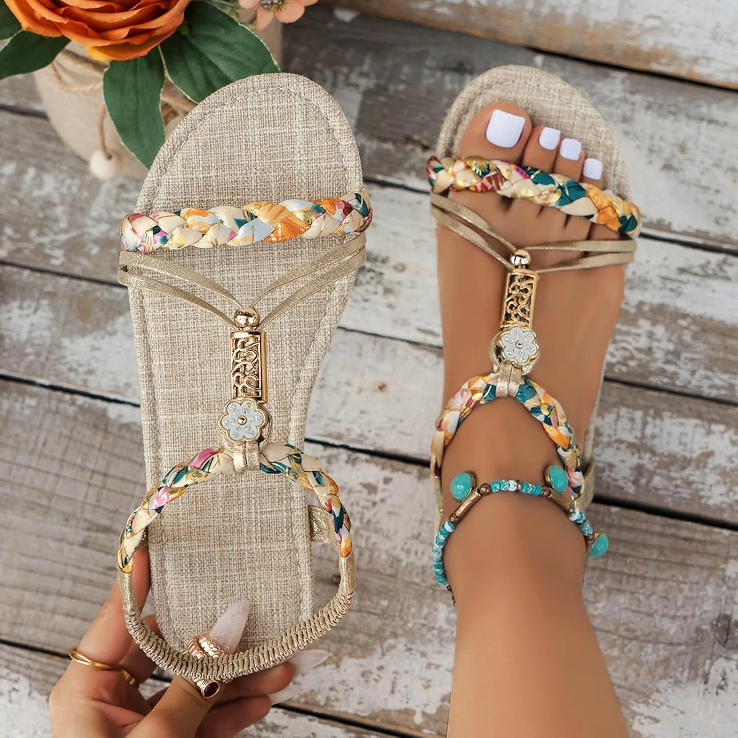 Eduavar Womens Sandals Arch Support Bohemian Comfort Dressy Rhinestone Summer Beach Flat Shoes Slip-on Ankle Strap Sandals