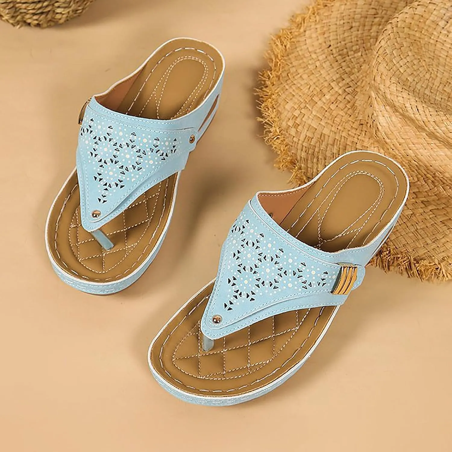 Eduavar Womens Sandals Orthopedic Wedge Flip Flops with Arch Support Lightweight Summer Beach Slip On Walking Thong Slippers