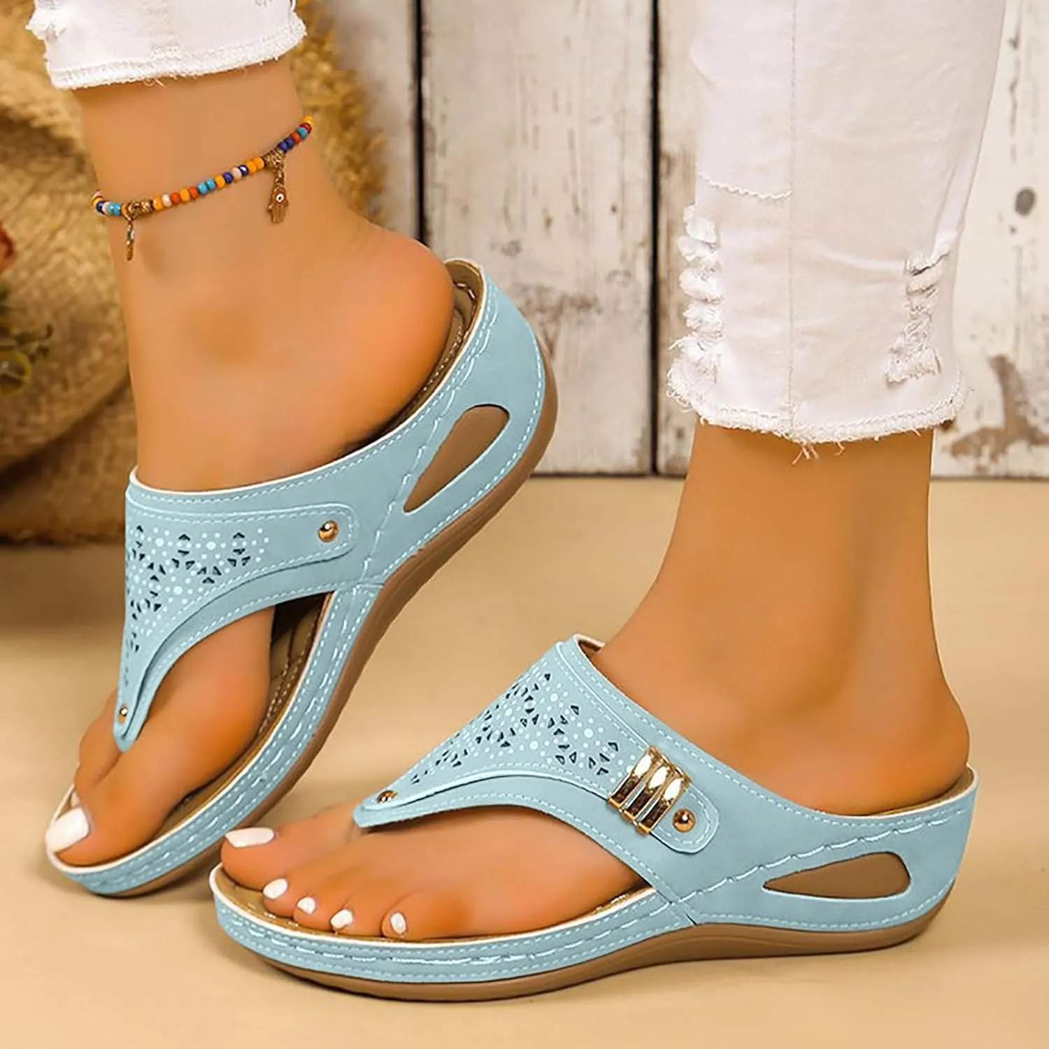 Eduavar Womens Sandals Orthopedic Wedge Flip Flops with Arch Support Lightweight Summer Beach Slip On Walking Thong Slippers