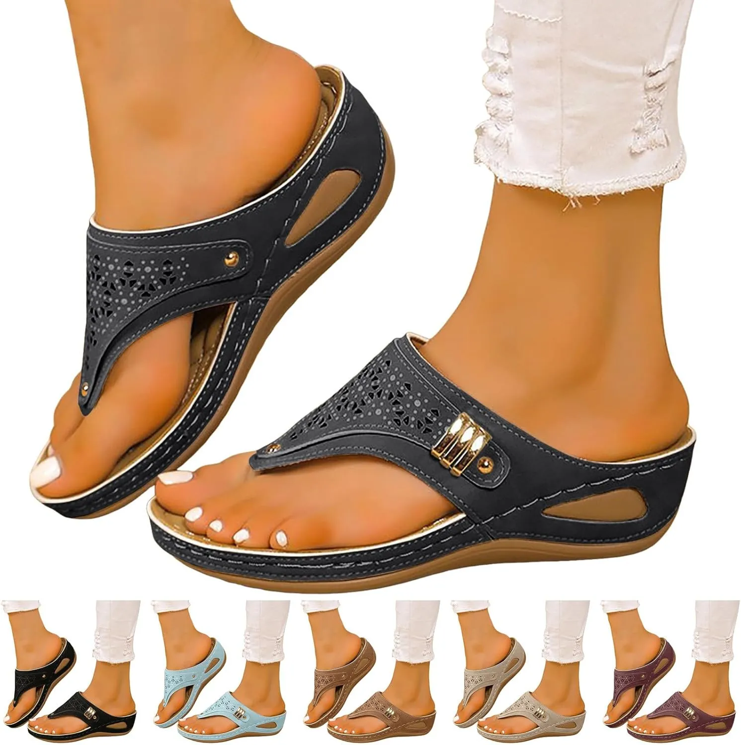 Eduavar Womens Sandals Orthopedic Wedge Flip Flops with Arch Support Lightweight Summer Beach Slip On Walking Thong Slippers