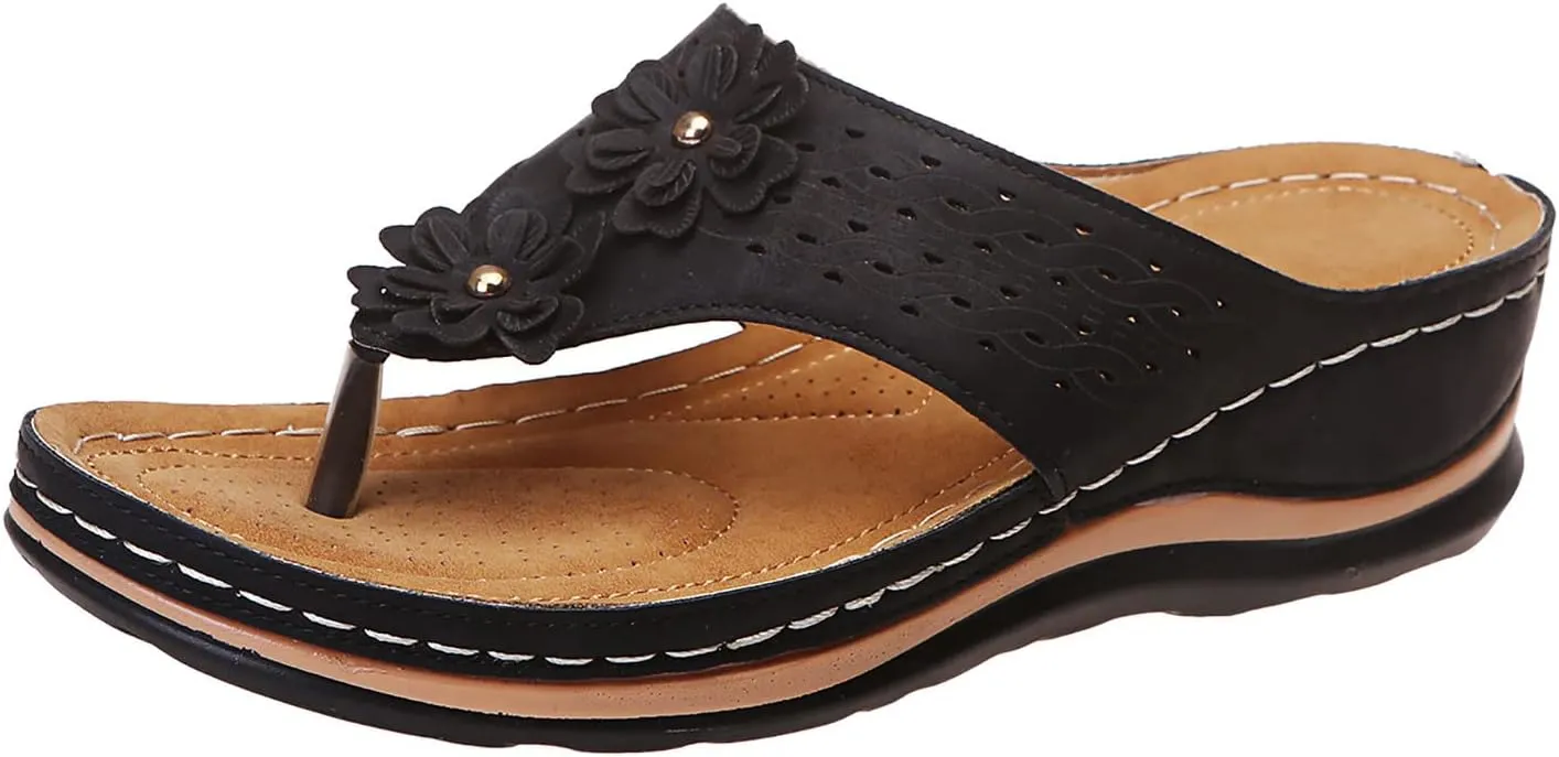 Eduavar Womens Sandals Summer Fashion Walking Slippers Anti-Slip Vintage Slip On Flip Flops Thong Sandals Orthopedic Shoes