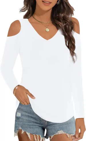 Elesomo Womens V Neck Cold Shoulder Tops Short/Long Sleeve Summer T Shirts Basic Tees