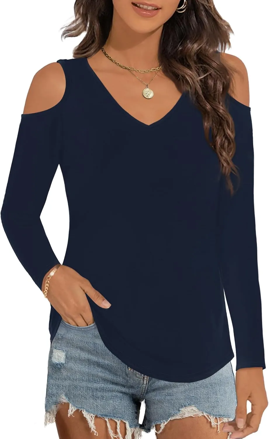 Elesomo Womens V Neck Cold Shoulder Tops Short/Long Sleeve Summer T Shirts Basic Tees