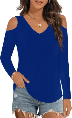 Elesomo Womens V Neck Cold Shoulder Tops Short/Long Sleeve Summer T Shirts Basic Tees