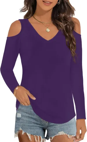 Elesomo Womens V Neck Cold Shoulder Tops Short/Long Sleeve Summer T Shirts Basic Tees