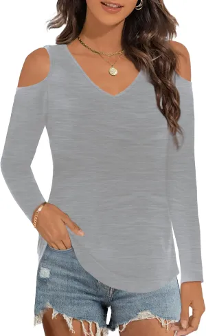 Elesomo Womens V Neck Cold Shoulder Tops Short/Long Sleeve Summer T Shirts Basic Tees