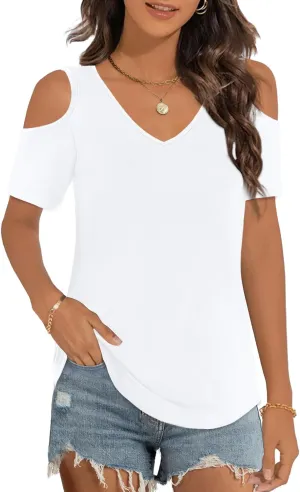 Elesomo Womens V Neck Cold Shoulder Tops Short/Long Sleeve Summer T Shirts Basic Tees