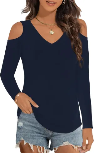 Elesomo Womens V Neck Cold Shoulder Tops Short/Long Sleeve Summer T Shirts Basic Tees