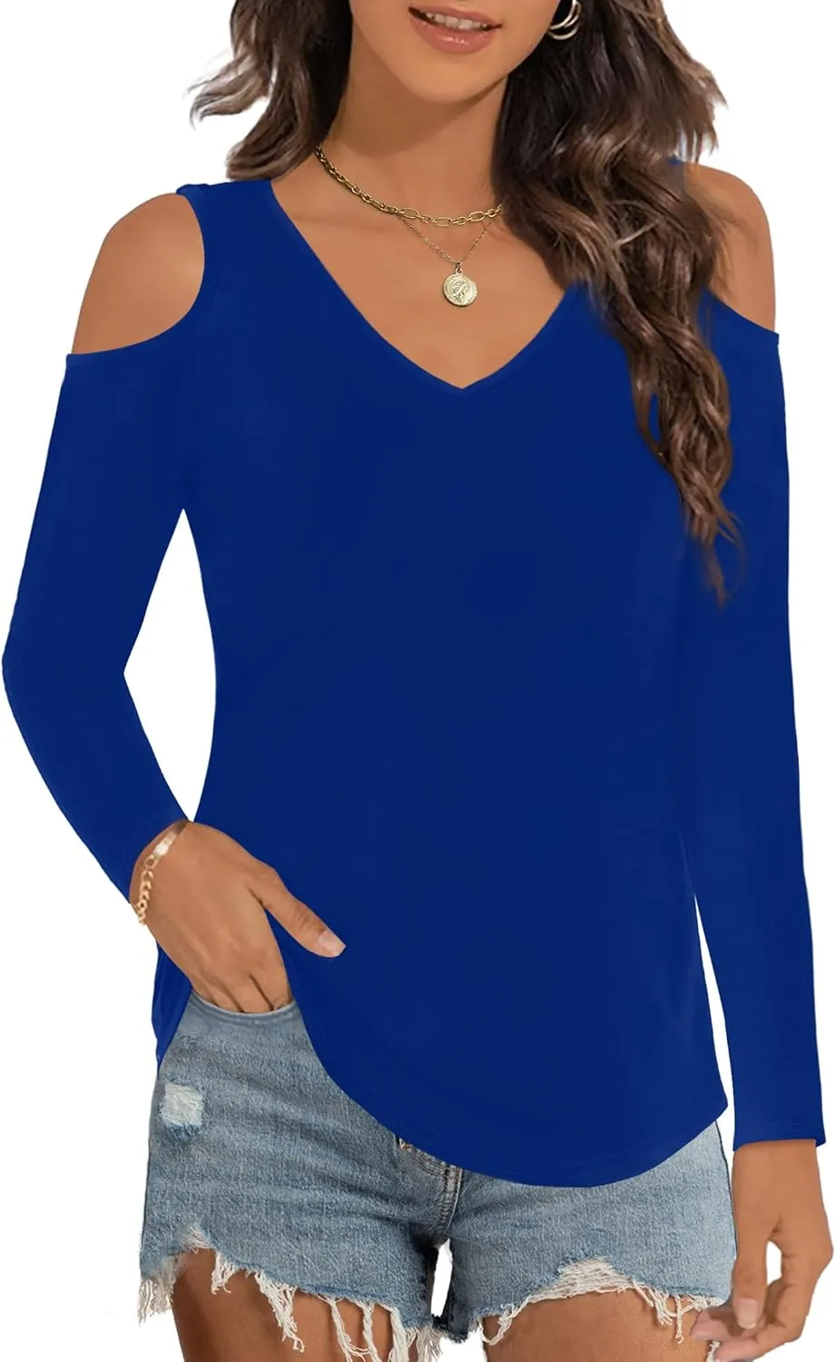 Elesomo Womens V Neck Cold Shoulder Tops Short/Long Sleeve Summer T Shirts Basic Tees