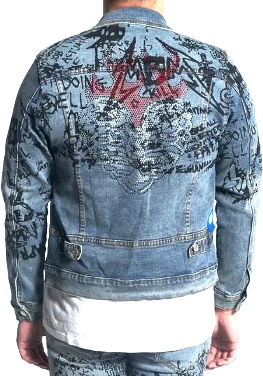 Embellish Fredo Mens Graphic Denim Jacket with Rhinestones Blue
