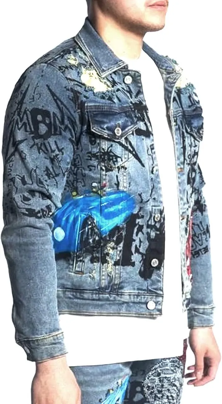 Embellish Fredo Mens Graphic Denim Jacket with Rhinestones Blue