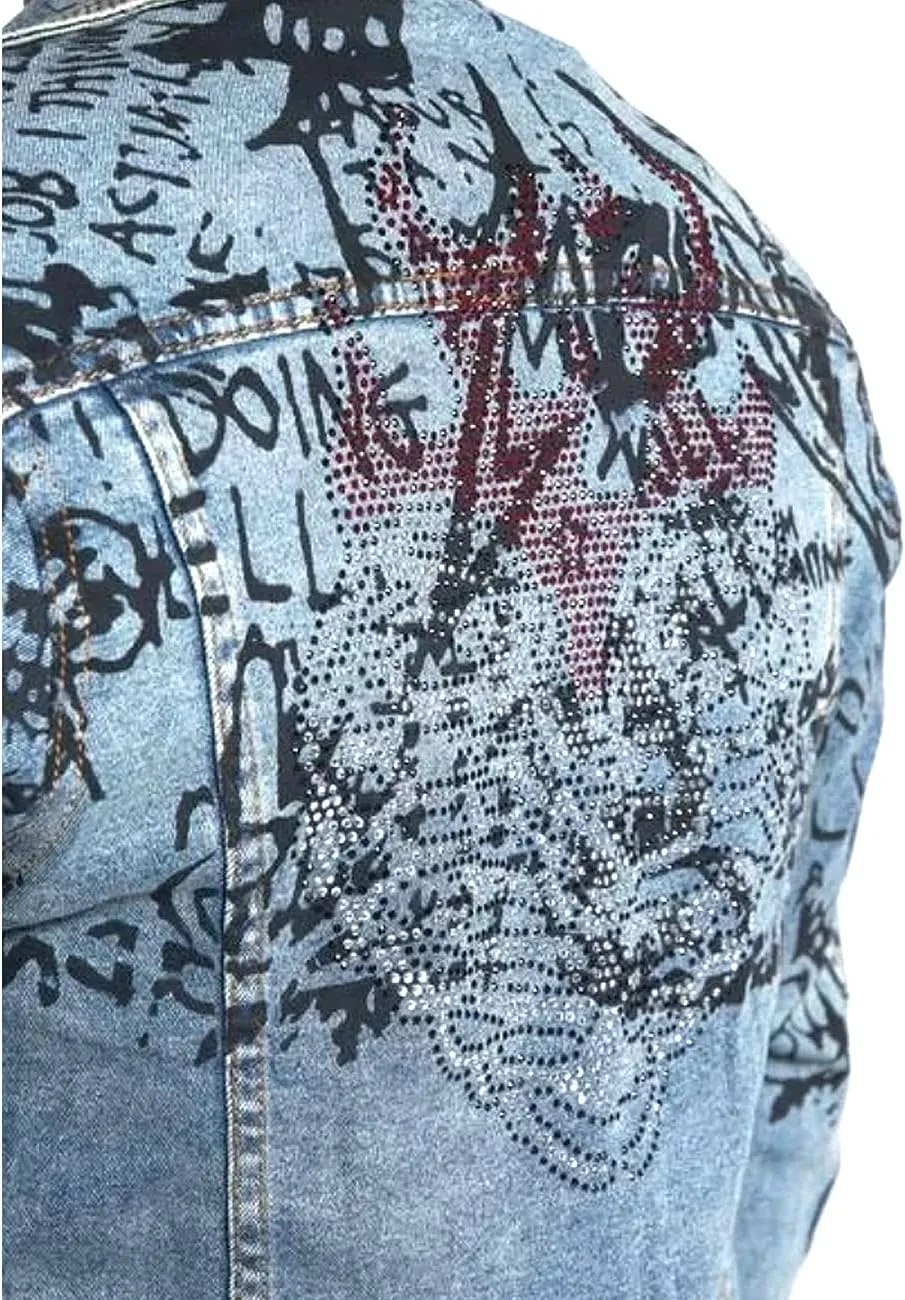 Embellish Fredo Mens Graphic Denim Jacket with Rhinestones Blue