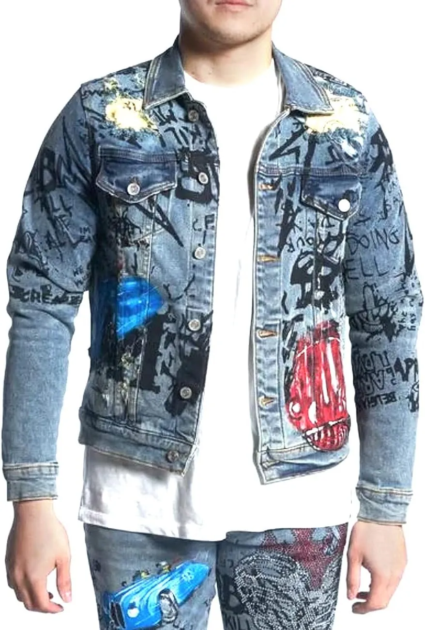 Embellish Fredo Mens Graphic Denim Jacket with Rhinestones Blue