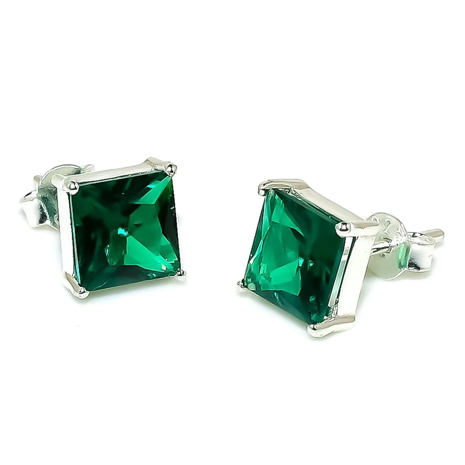Emerald Gemstone Minimalist Earrings for Party | Handmade 925 Sterling Silver Stud Earrings For woman & Men | 7x7 mm Square Stone Ear Cuff