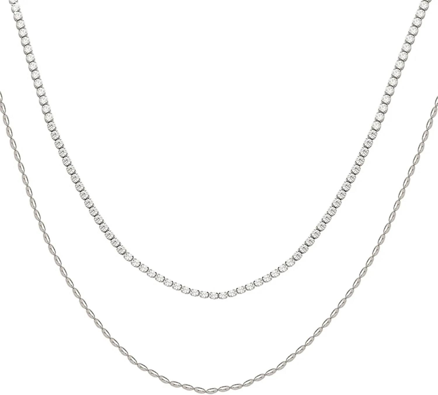 Epinki Stainless Steel Silver Double Layered Tennis and Oval Metal Bead White CZ Chain Necklace 16.5 Inch