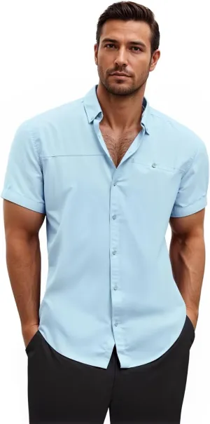 ETHANOL Mens Dress Shirts Regular Fit Performance Tech Stretch Wrinkle Resistant Ripstop Fabric Short Sleeve Shirts