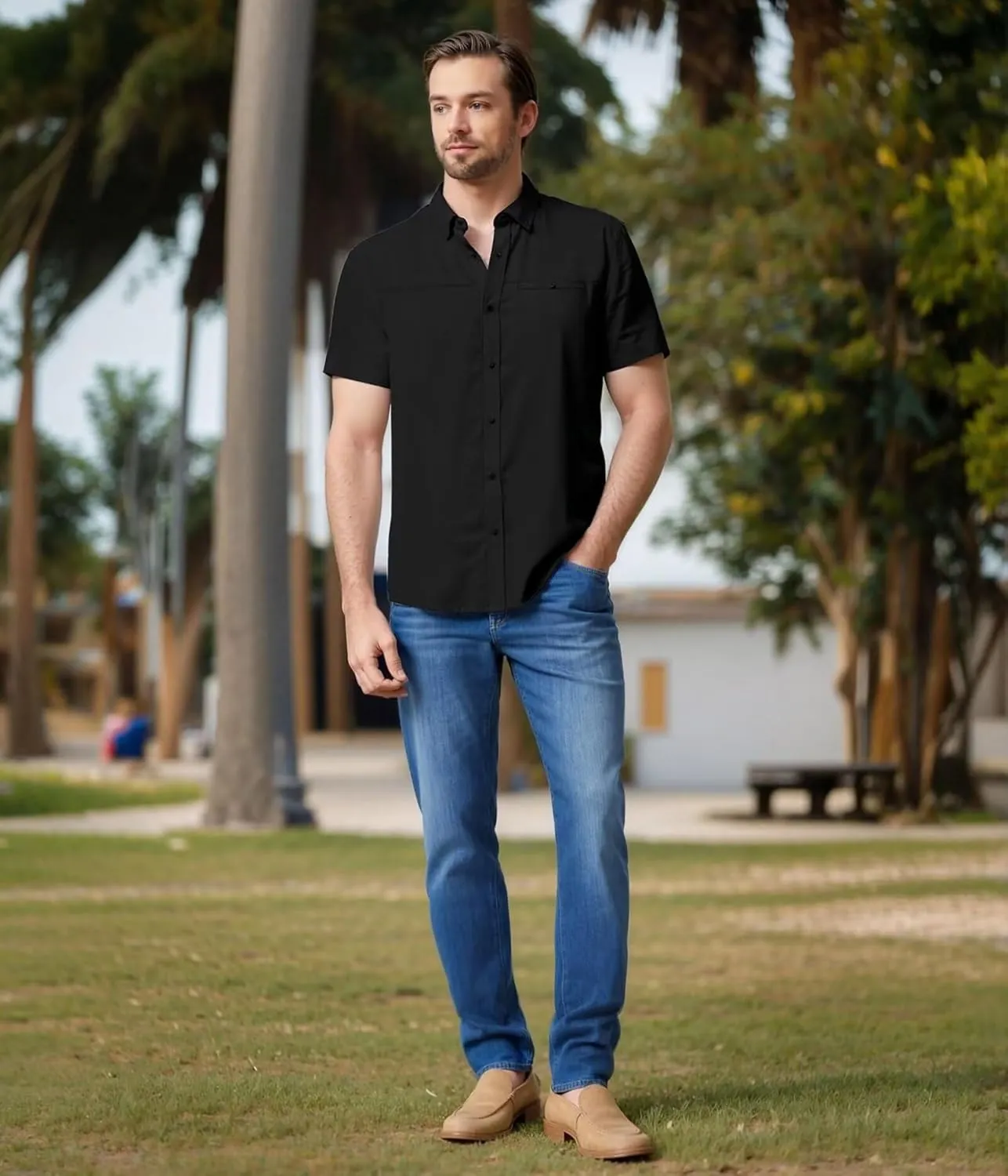 ETHANOL Mens Dress Shirts Regular Fit Performance Tech Stretch Wrinkle Resistant Ripstop Fabric Short Sleeve Shirts
