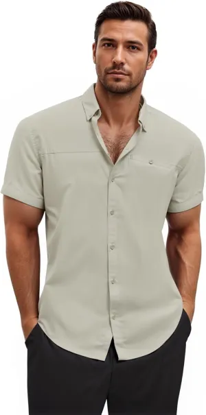 ETHANOL Mens Dress Shirts Regular Fit Performance Tech Stretch Wrinkle Resistant Ripstop Fabric Short Sleeve Shirts