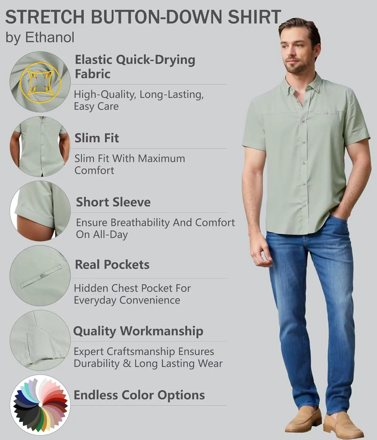 ETHANOL Mens Dress Shirts Regular Fit Performance Tech Stretch Wrinkle Resistant Ripstop Fabric Short Sleeve Shirts