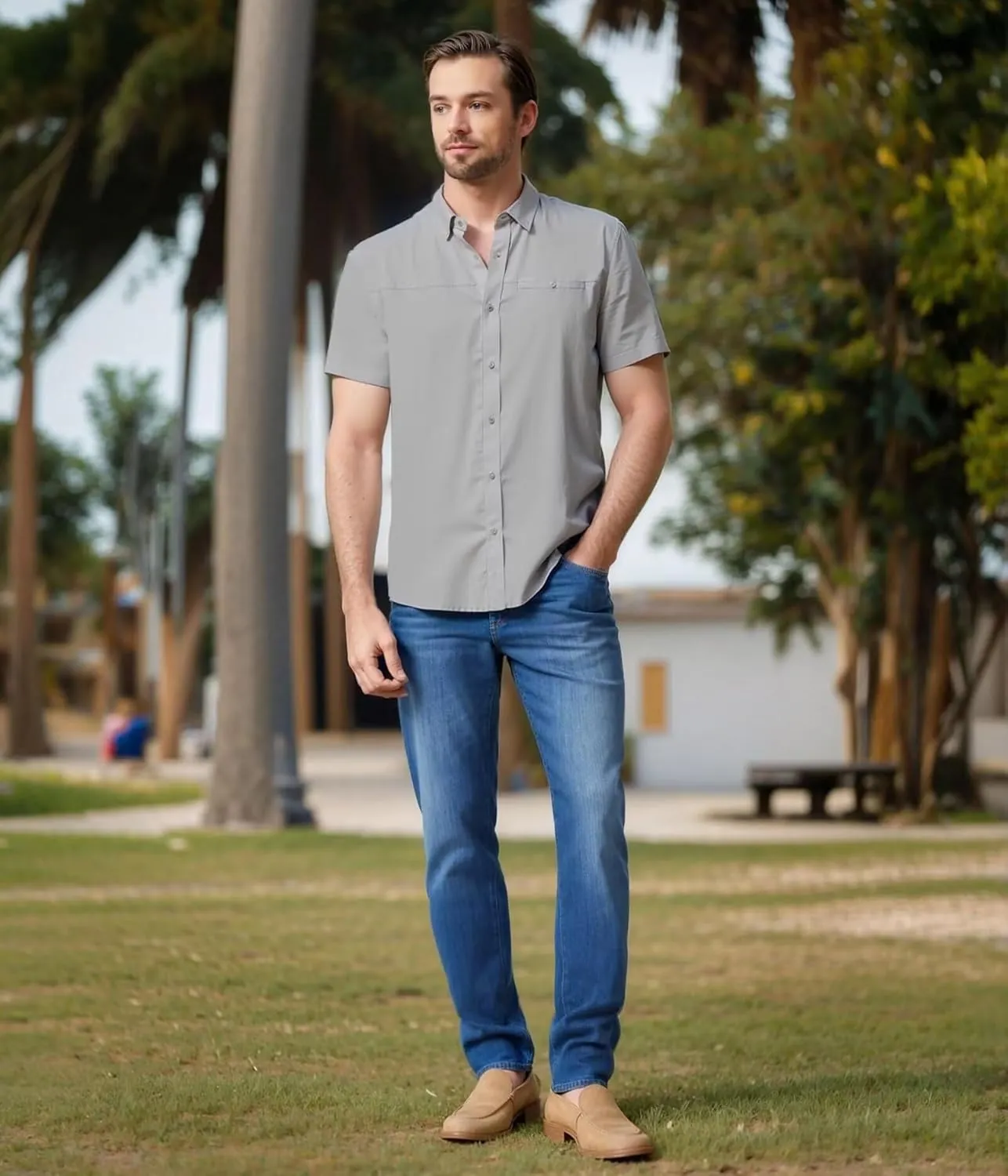 ETHANOL Mens Dress Shirts Regular Fit Performance Tech Stretch Wrinkle Resistant Ripstop Fabric Short Sleeve Shirts