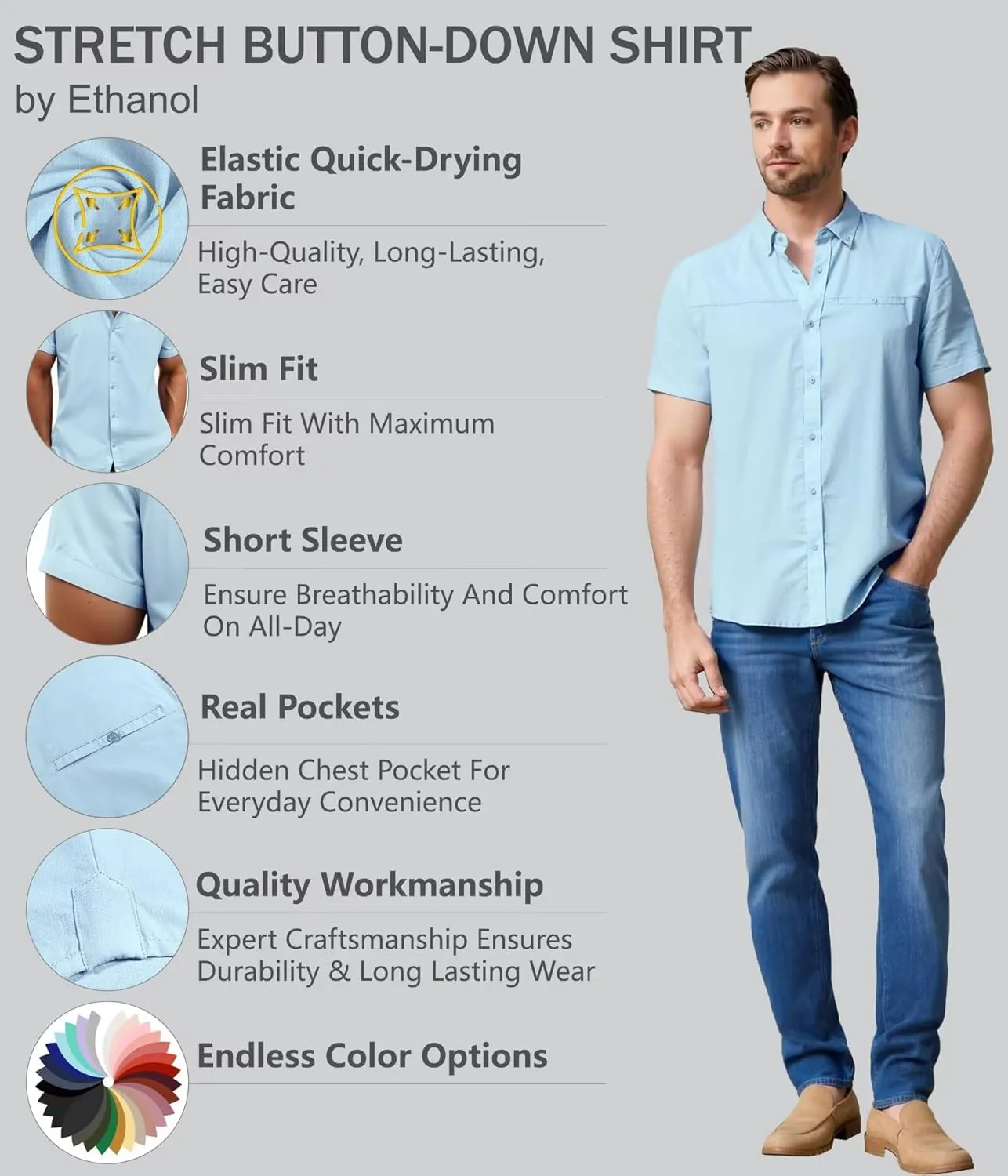 ETHANOL Mens Dress Shirts Regular Fit Performance Tech Stretch Wrinkle Resistant Ripstop Fabric Short Sleeve Shirts