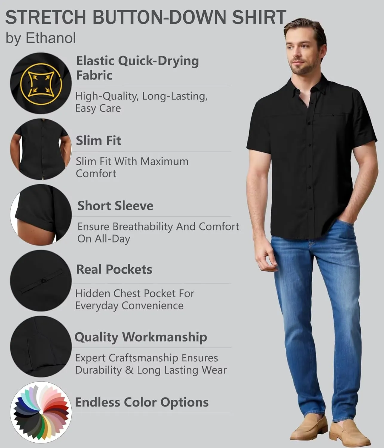 ETHANOL Mens Dress Shirts Regular Fit Performance Tech Stretch Wrinkle Resistant Ripstop Fabric Short Sleeve Shirts