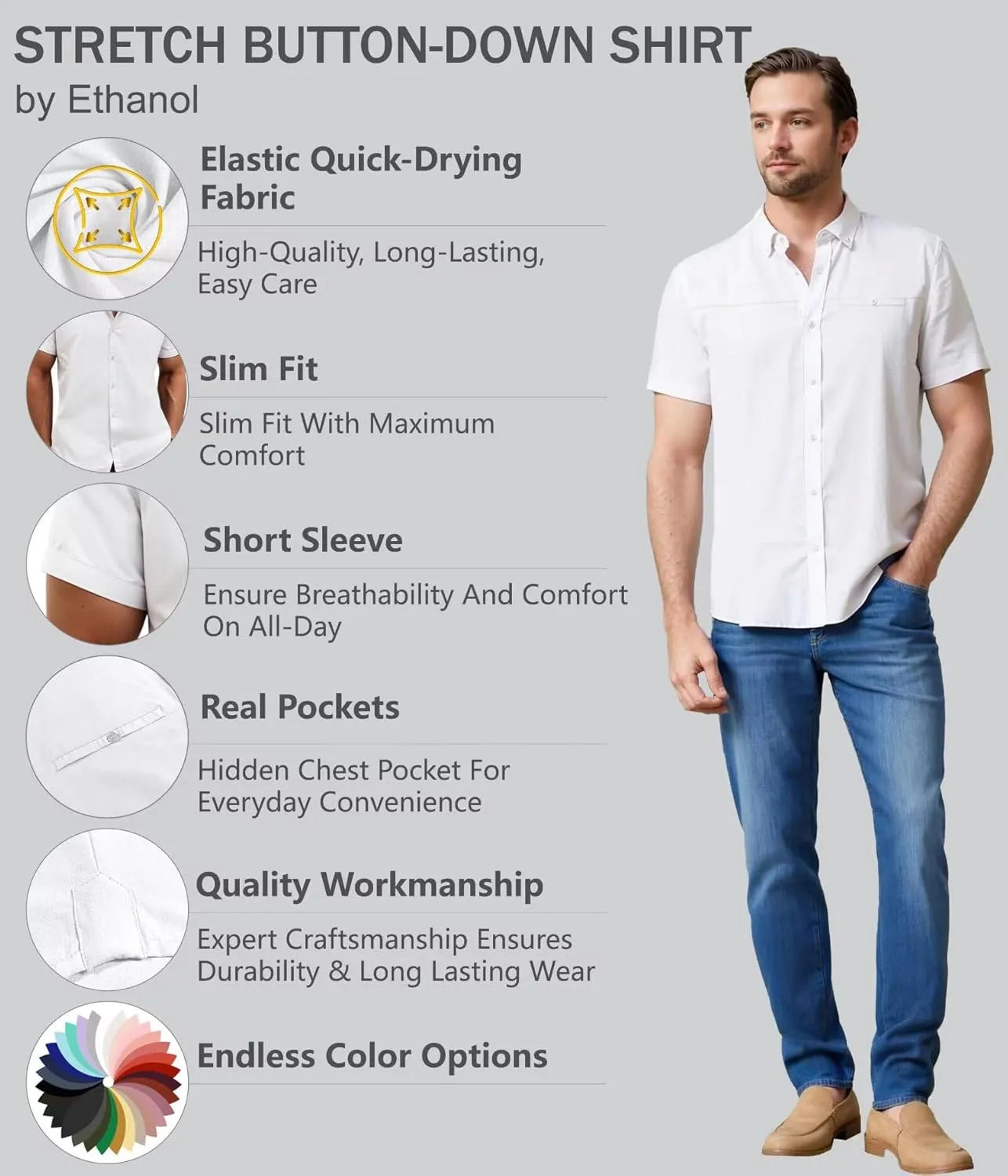 ETHANOL Mens Dress Shirts Regular Fit Performance Tech Stretch Wrinkle Resistant Ripstop Fabric Short Sleeve Shirts