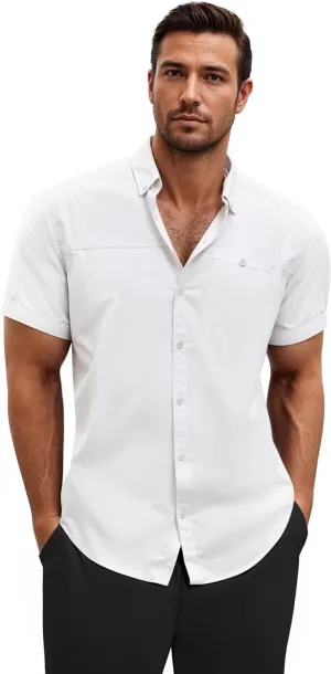 ETHANOL Mens Dress Shirts Regular Fit Performance Tech Stretch Wrinkle Resistant Ripstop Fabric Short Sleeve Shirts