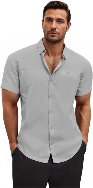 ETHANOL Mens Dress Shirts Regular Fit Performance Tech Stretch Wrinkle Resistant Ripstop Fabric Short Sleeve Shirts