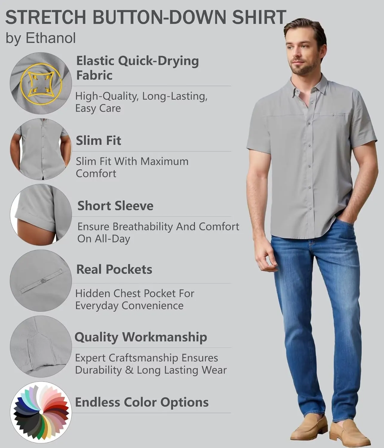 ETHANOL Mens Dress Shirts Regular Fit Performance Tech Stretch Wrinkle Resistant Ripstop Fabric Short Sleeve Shirts