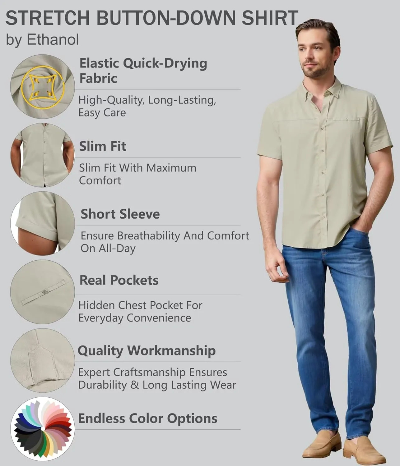 ETHANOL Mens Dress Shirts Regular Fit Performance Tech Stretch Wrinkle Resistant Ripstop Fabric Short Sleeve Shirts
