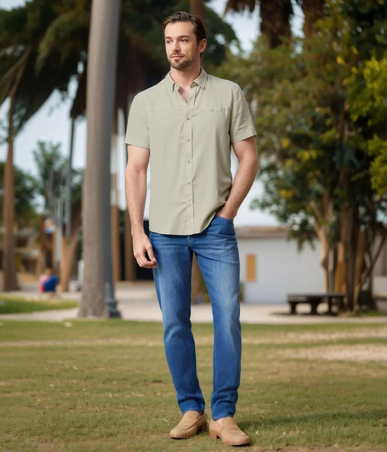 ETHANOL Mens Dress Shirts Regular Fit Performance Tech Stretch Wrinkle Resistant Ripstop Fabric Short Sleeve Shirts