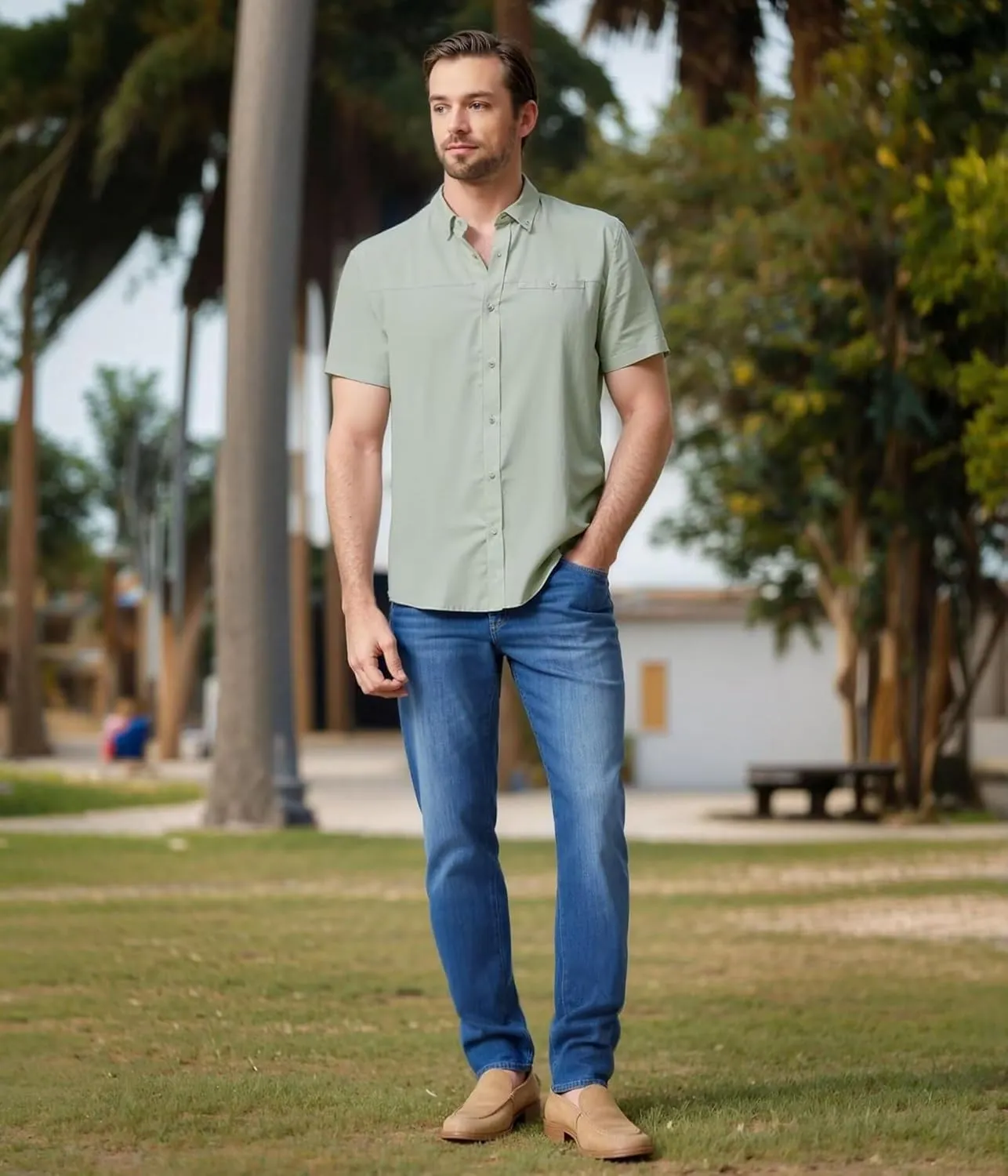 ETHANOL Mens Dress Shirts Regular Fit Performance Tech Stretch Wrinkle Resistant Ripstop Fabric Short Sleeve Shirts