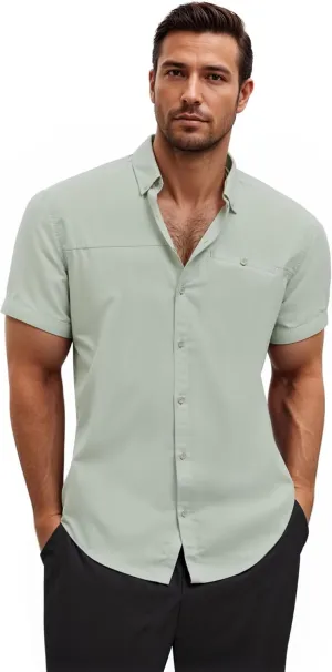 ETHANOL Mens Dress Shirts Regular Fit Performance Tech Stretch Wrinkle Resistant Ripstop Fabric Short Sleeve Shirts