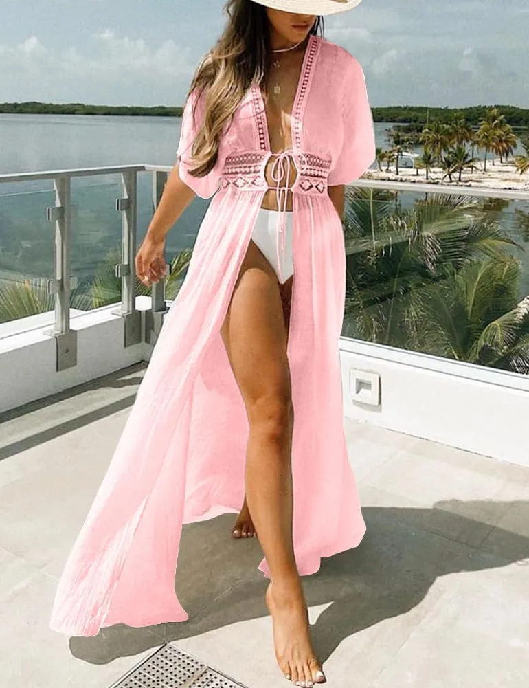 FANCYINN Womens Long Lace Cover up Sheer Bikini Coverups Kimono Tie Front Bathing Suit Swimsuit Beachwear