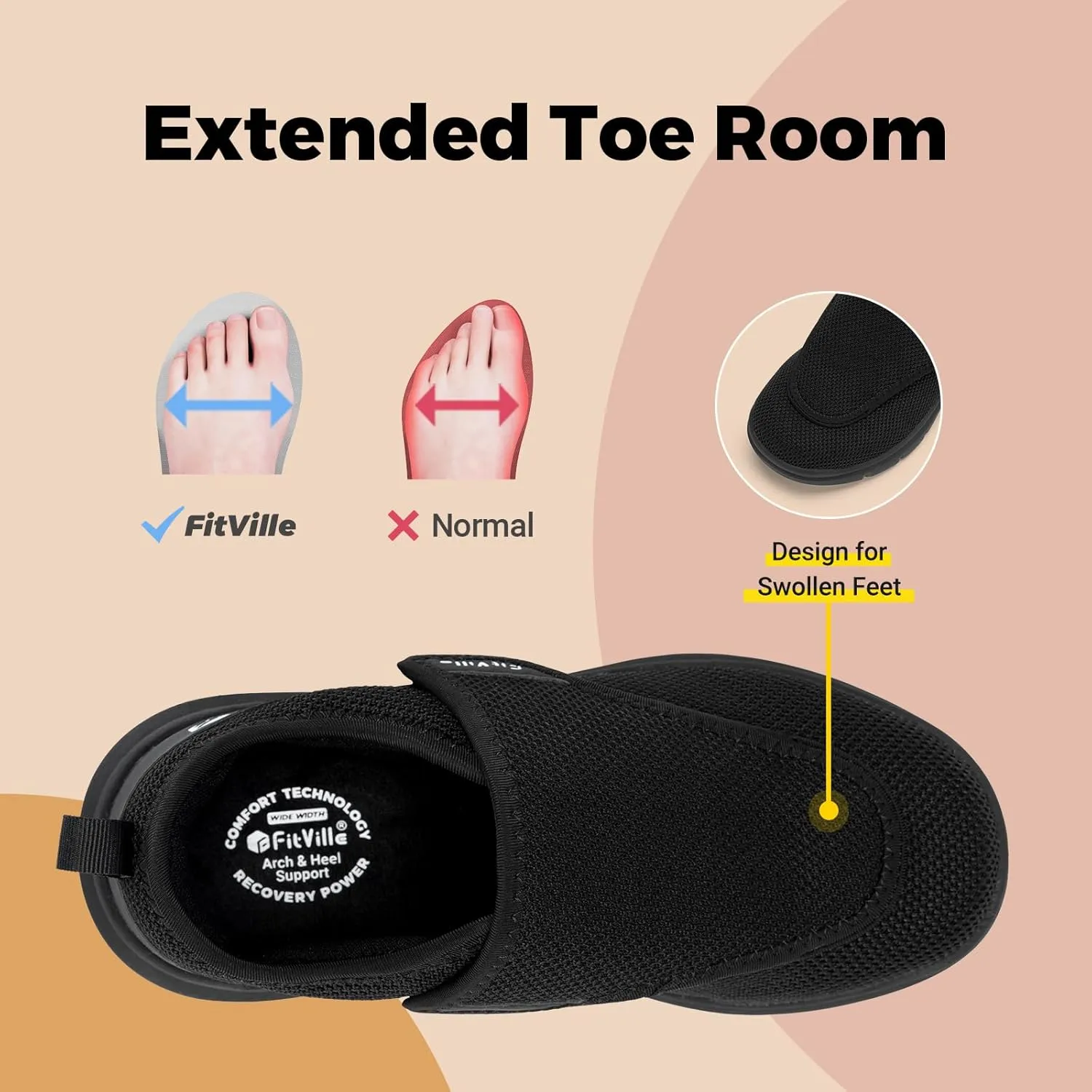FitVille Diabetic Shoes for Women Extra Wide Walking Shoes Slip-On Orthopedic Shoes with Adjustable Strap for Swollen Feet Neuropathy - EasyTop Wings V2