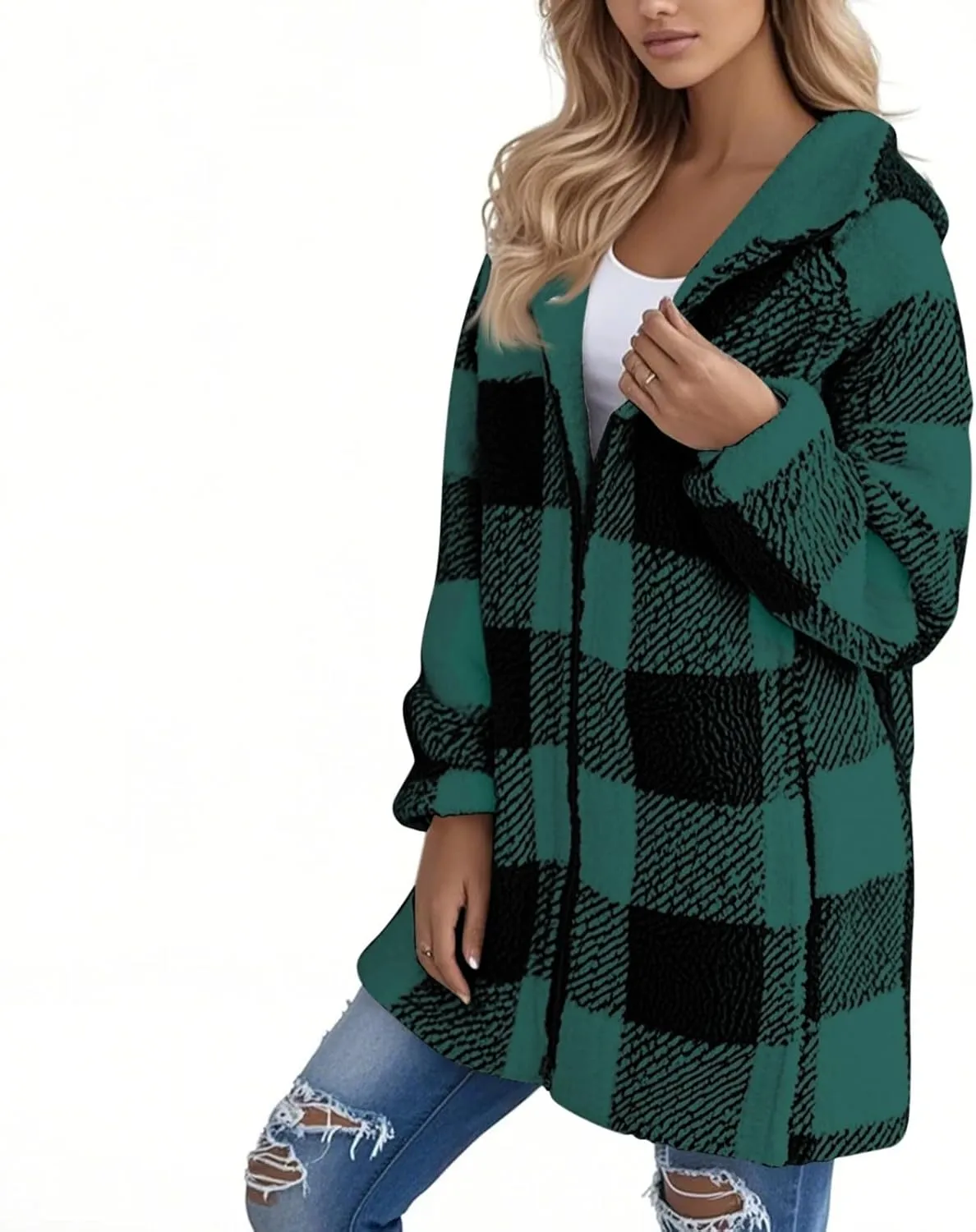 Flannel Plaid Shacket Women Plus Size Zip Up Hooded Jacket Casual Long Sleeve Sherpa Winter Coats with Pocket